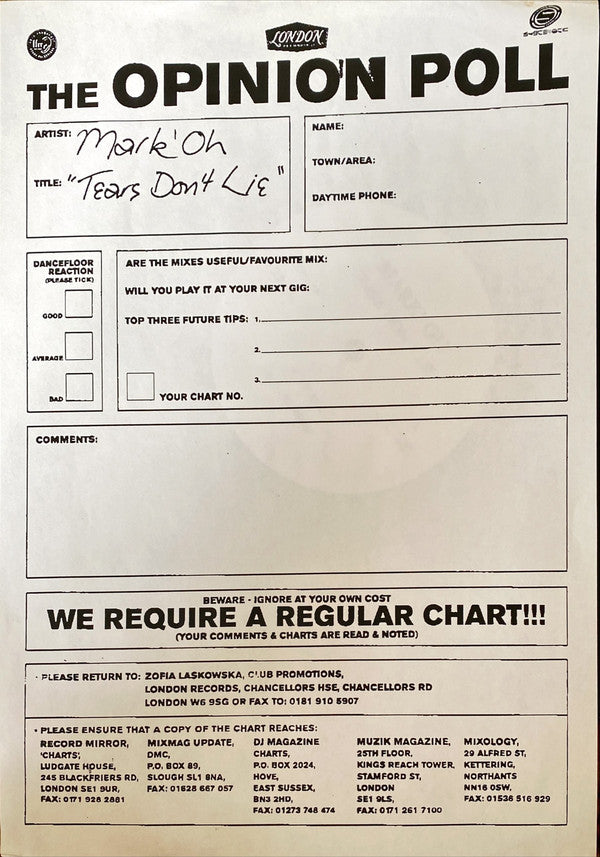 Mark' Oh* : Tears Don't Lie (12", Promo)