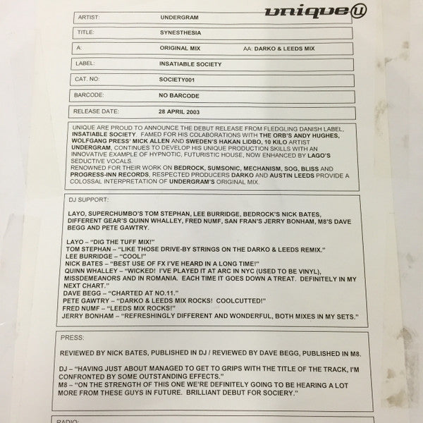 Undergram : Synesthesia (12", Promo, W/Lbl, Sti)