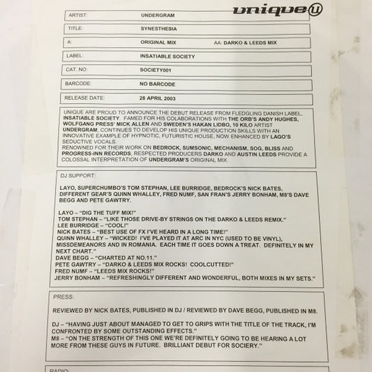 Undergram : Synesthesia (12", Promo, W/Lbl, Sti)