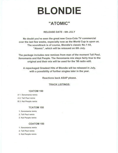 Blondie : Atomic '98 (12", Promo, W/Lbl)