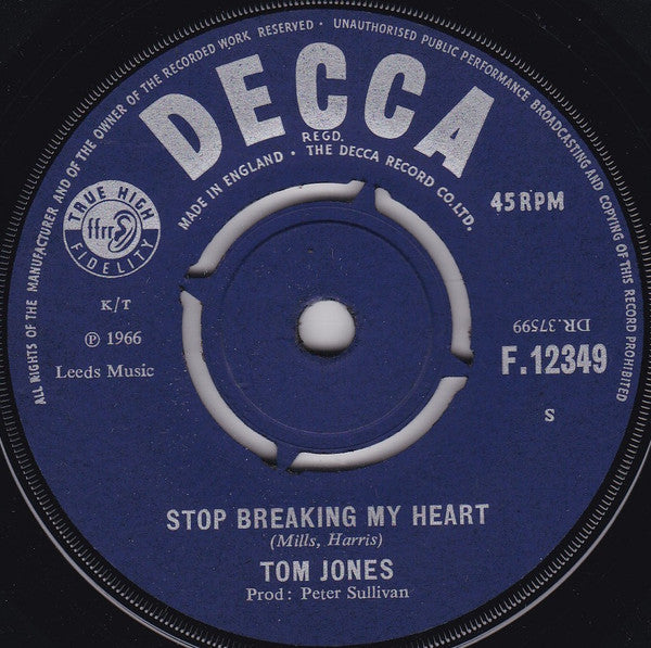 Tom Jones : Stop Breaking My Heart (7")