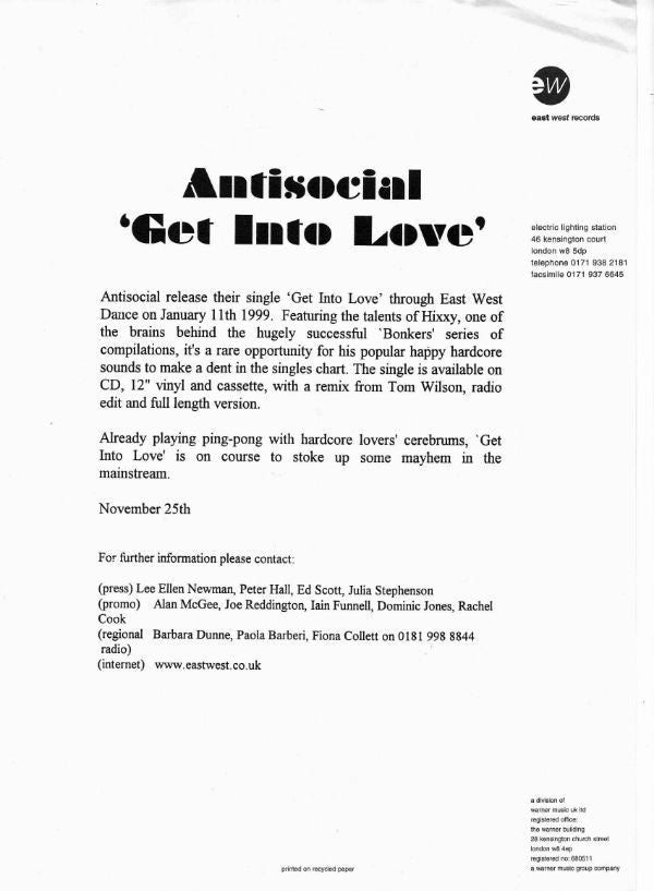 Antisocial Featuring Hixxy : Get Into Love (12", Promo)