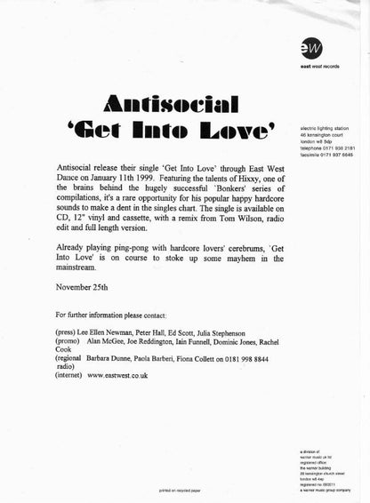 Antisocial Featuring Hixxy : Get Into Love (12", Promo)