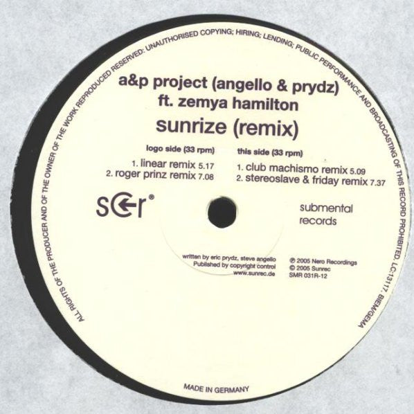 A&P Project : Sunrize (Remix) (12")