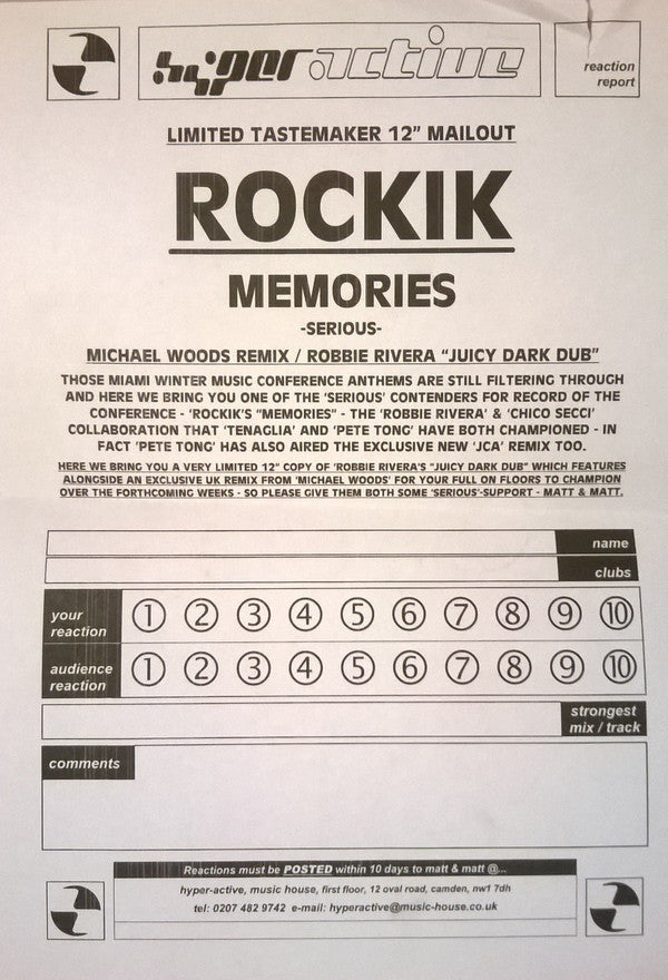Rockik : Memories (12", Promo, 3/3)